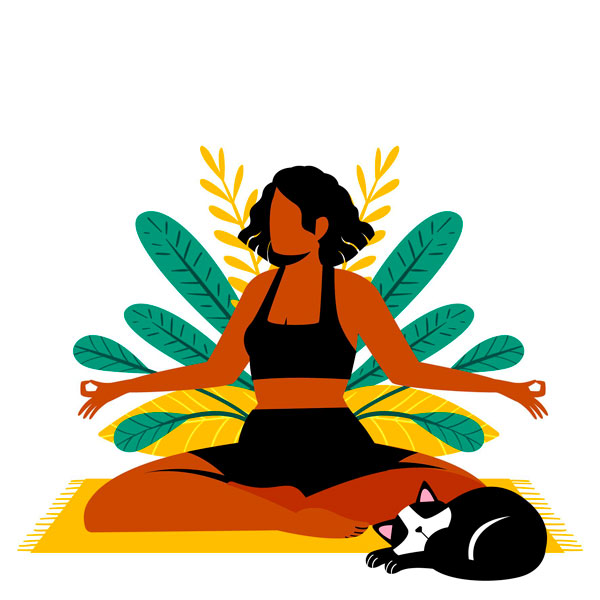 Détendre-son-corps Femme qui se détend en faisant du yoga avec son chat, relaxation